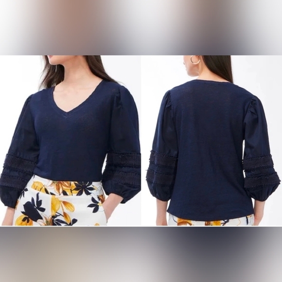 Chico's Tops - Chicos 3 Navy Blue Linen Shirt Tunic Slub Knit Pom 3/4 Sleeve Sz 16 XL New WT21